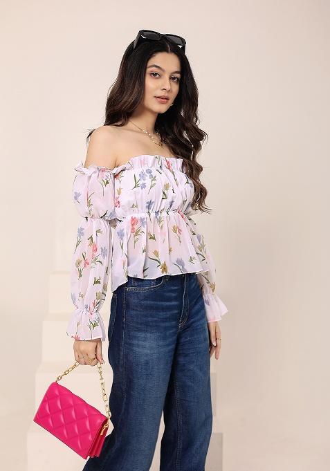 White Printed Georgette Top