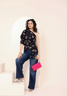 Black Printed Crepe Top