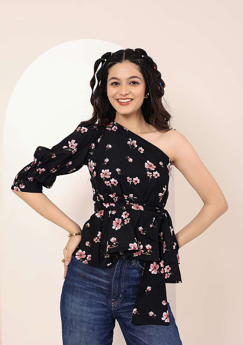 Black Printed Crepe Top - Indya