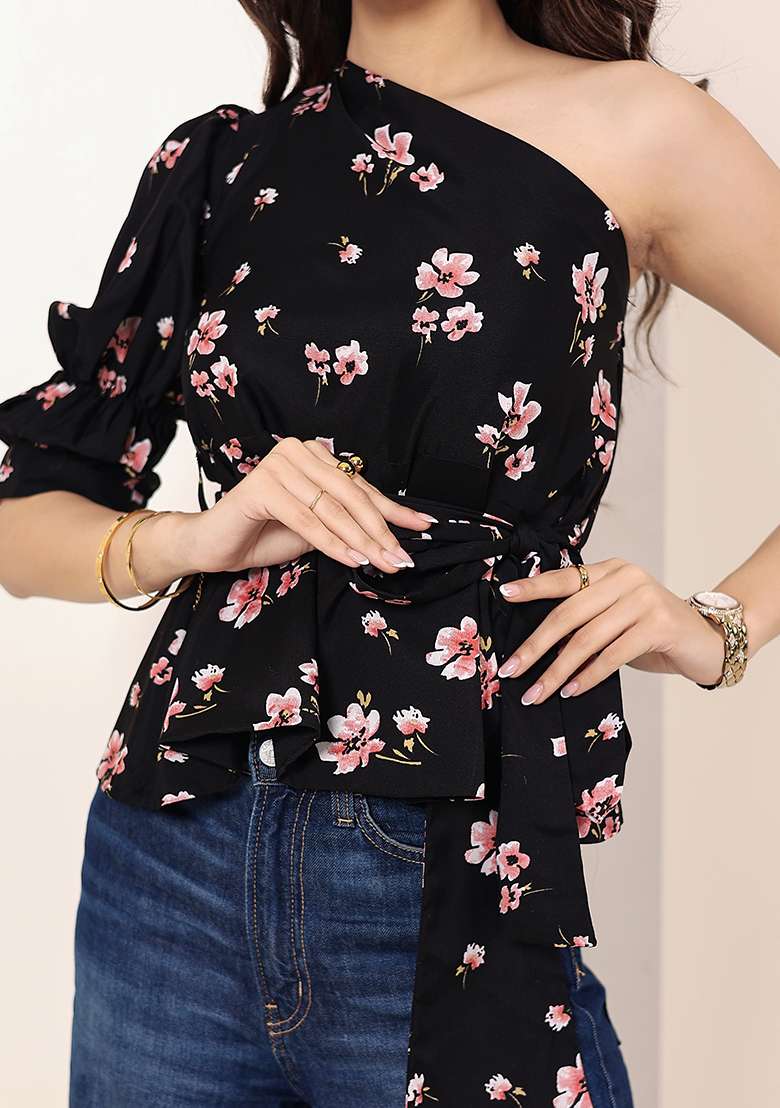 Black Printed Crepe Top - Indya