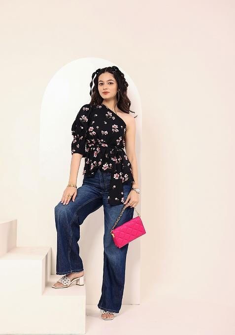 Black Printed Crepe Top