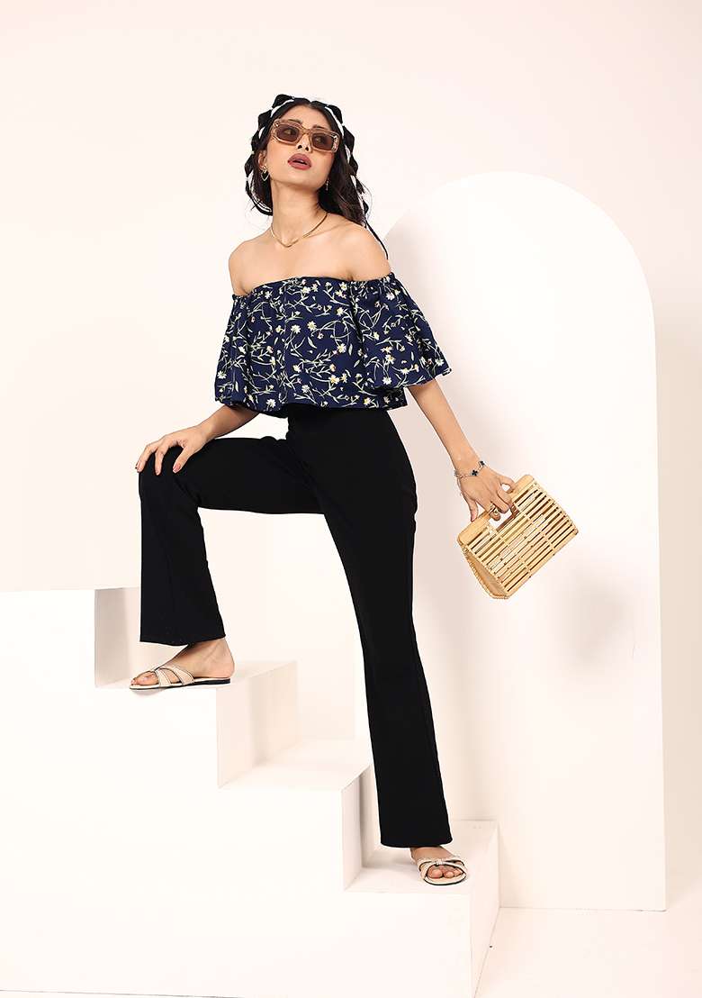 Blue Printed Crepe Top - Indya