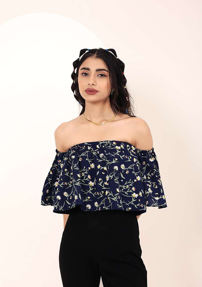 Blue Printed Crepe Top - Indya