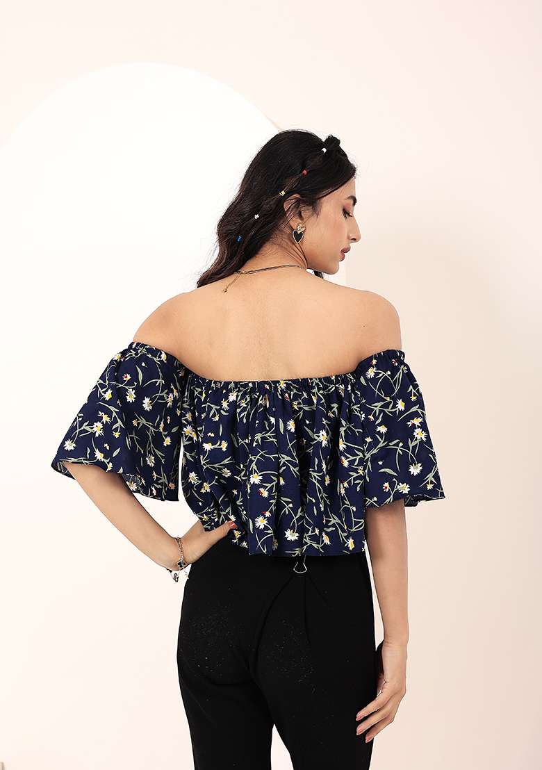 Blue Printed Crepe Top - Indya