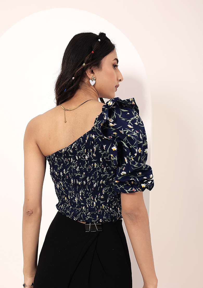 Blue Printed Crepe Top - Indya