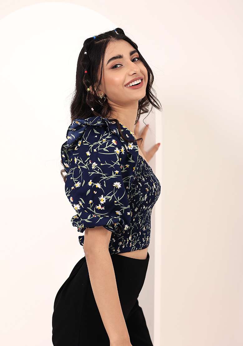 Blue Printed Crepe Top - Indya