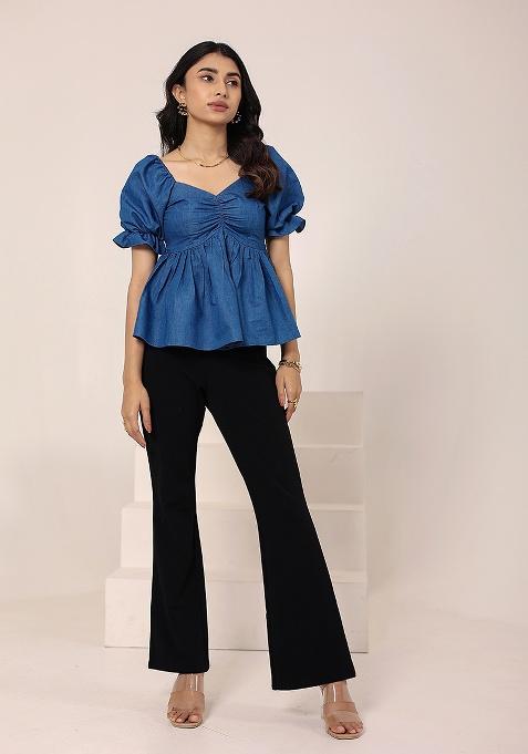 Blue Solid Cotton Top