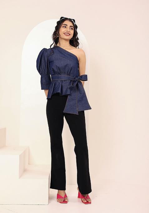 Blue Solid Cotton Top