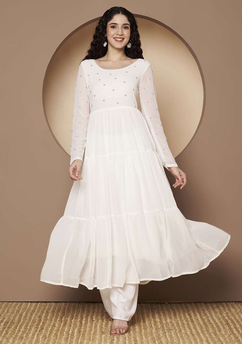 Off White Embroidered Georgette Anarkali - Indya