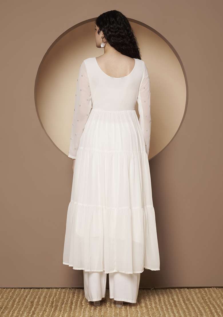 Off White Embroidered Georgette Anarkali - Indya
