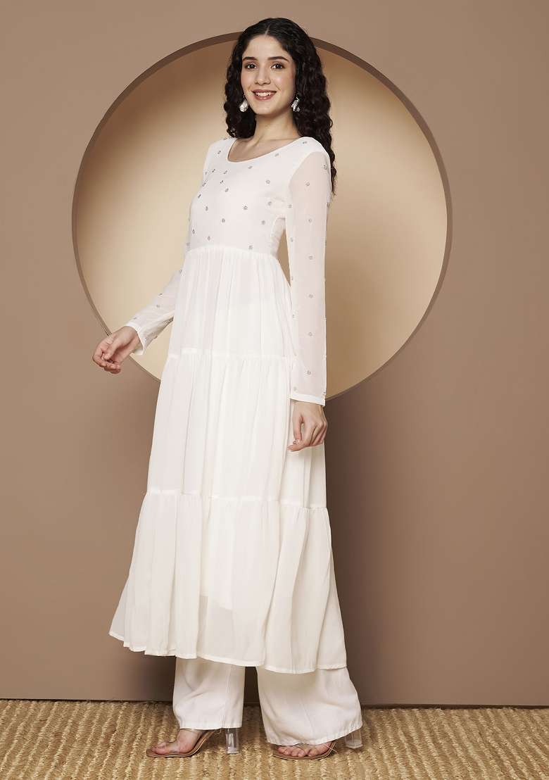 Off White Embroidered Georgette Anarkali - Indya