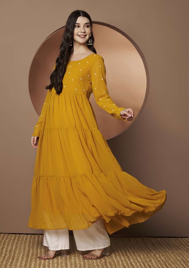 Yellow Embroidered Georgette Anarkali - Indya