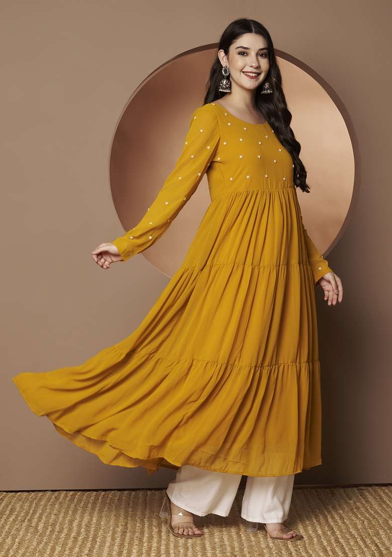 Yellow Embroidered Georgette Anarkali - Indya