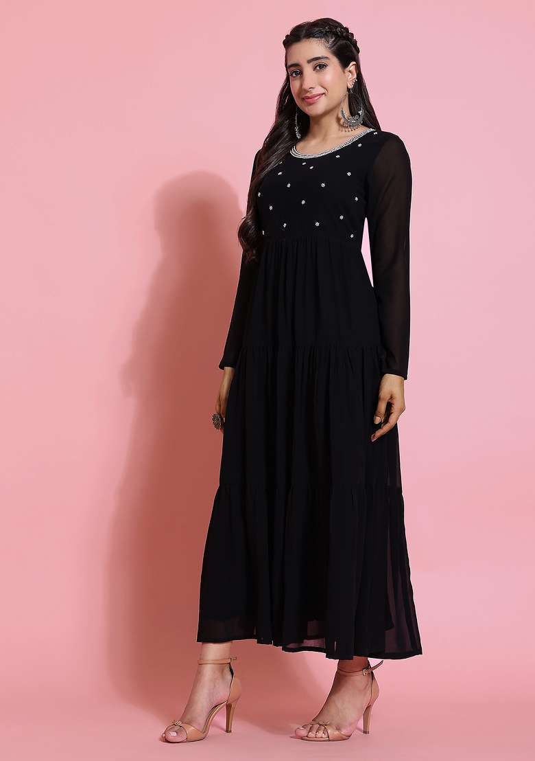 Black Embellished Georgette Kurta - Indya
