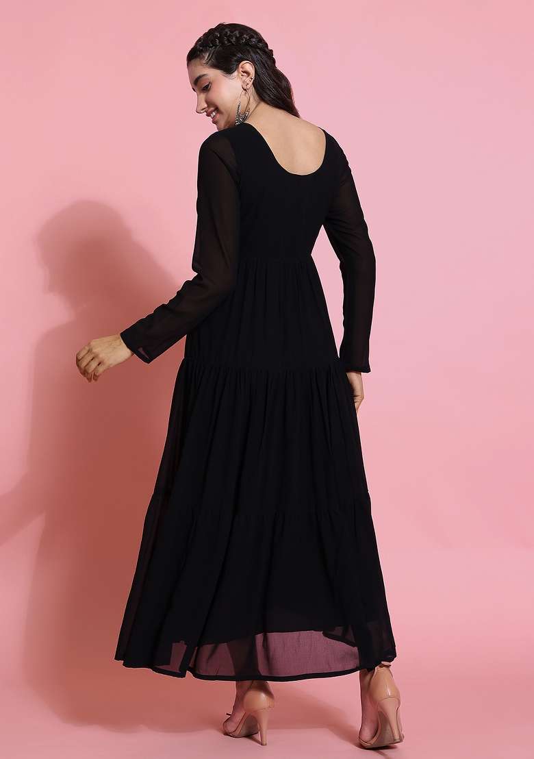 Black Embellished Georgette Kurta - Indya