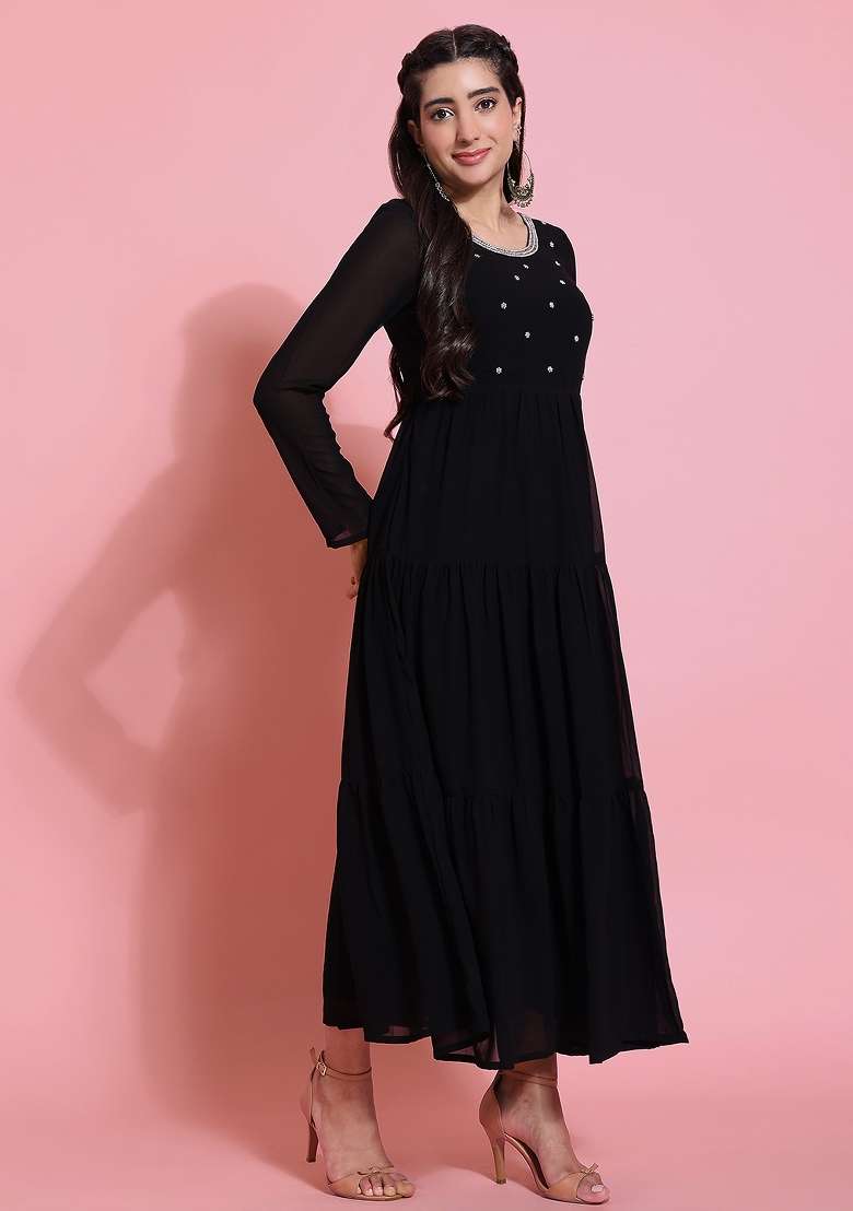 Black Embellished Georgette Kurta - Indya