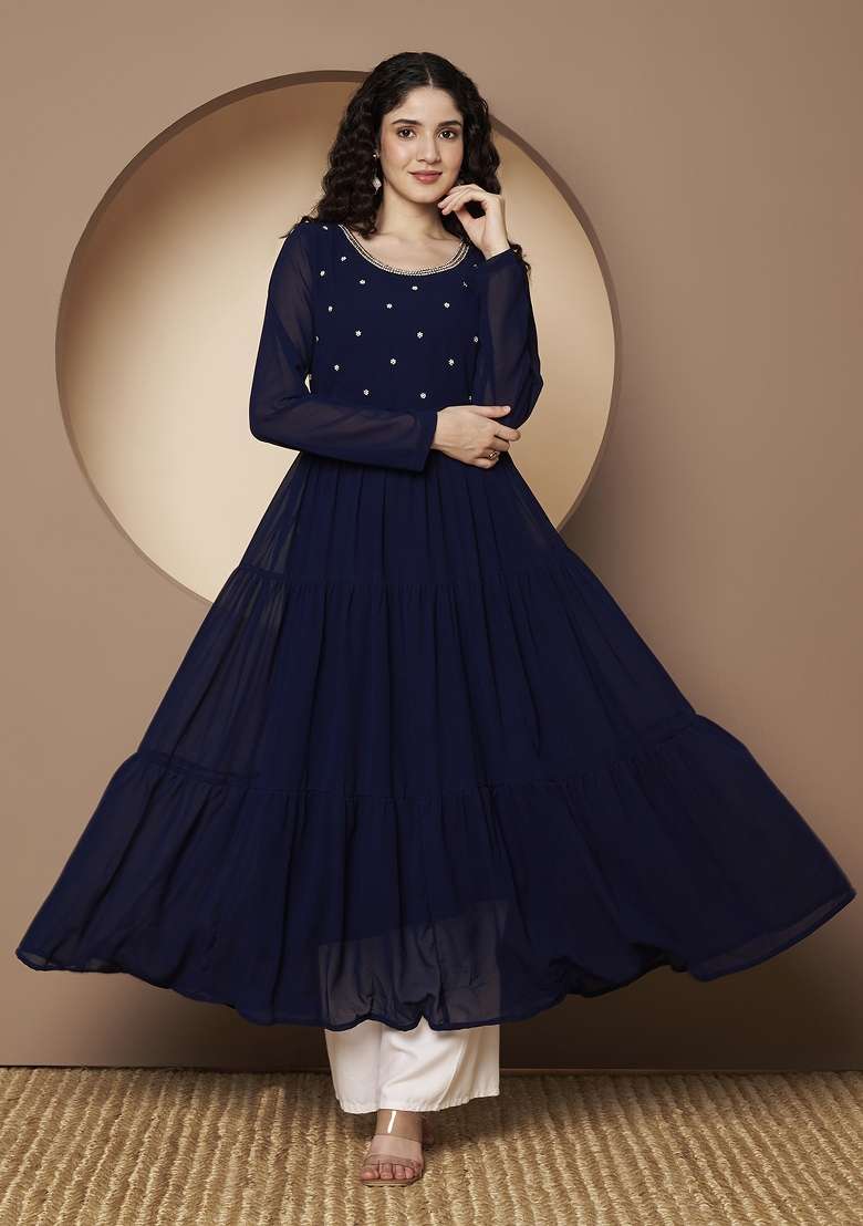 Blue Embroidered Georgette Anarkali - Indya