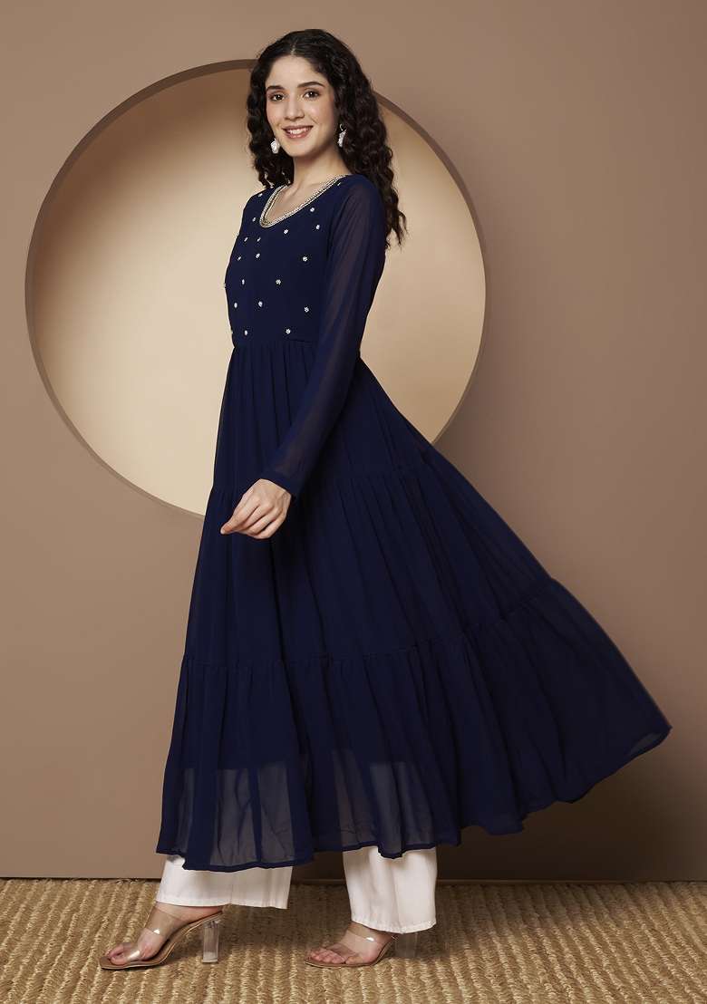 Blue Embroidered Georgette Anarkali - Indya