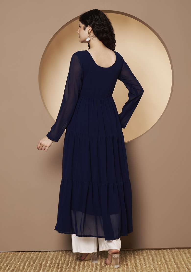 Blue Embroidered Georgette Anarkali - Indya
