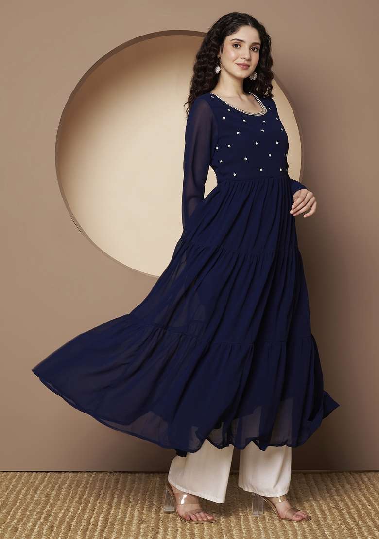 Blue Embroidered Georgette Anarkali - Indya