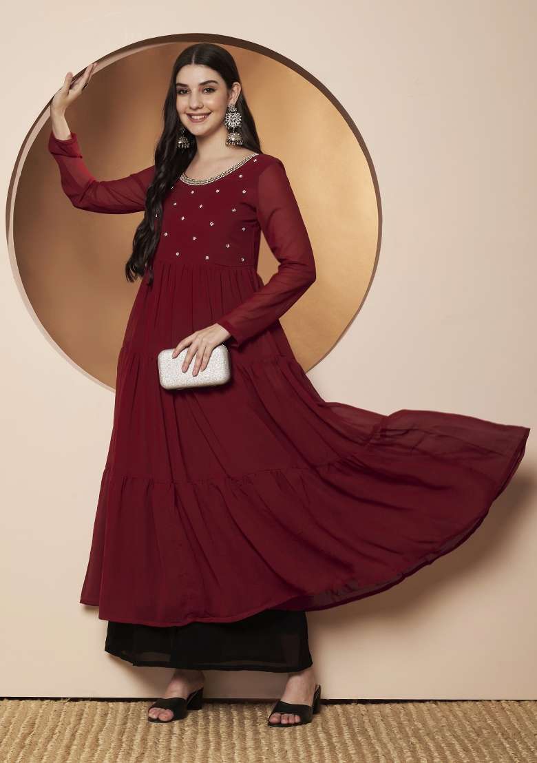 Maroon Embellished Georgette Anarkali - Indya