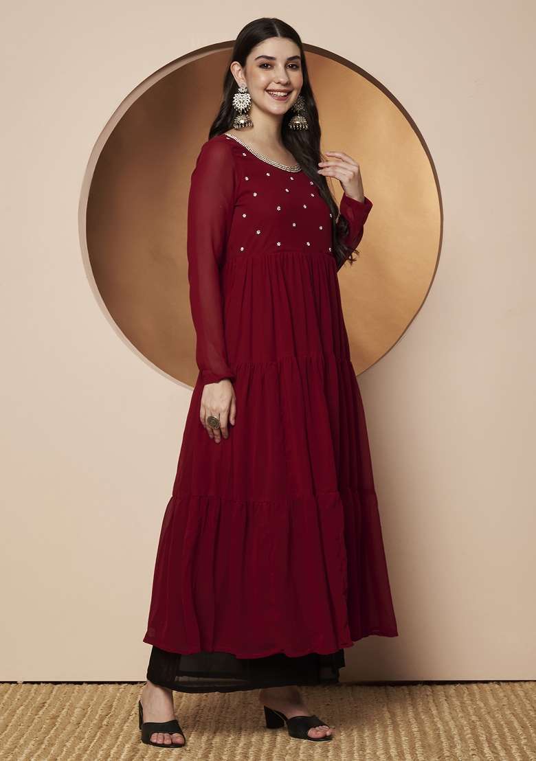 Maroon Embellished Georgette Anarkali - Indya