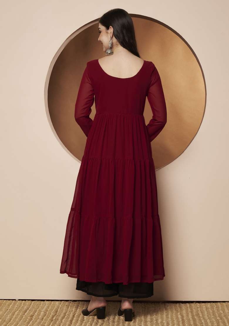 Maroon Embellished Georgette Anarkali - Indya
