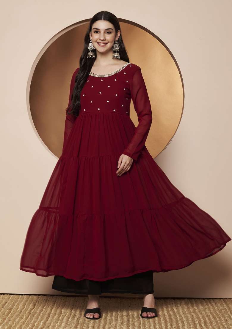Maroon Embellished Georgette Anarkali - Indya