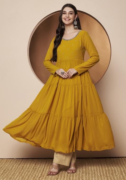 Mustard Embroidery Georgette Kurta