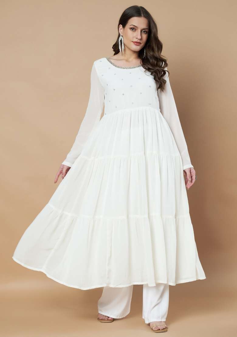 White Embroidered Georgette Anarkali - Indya