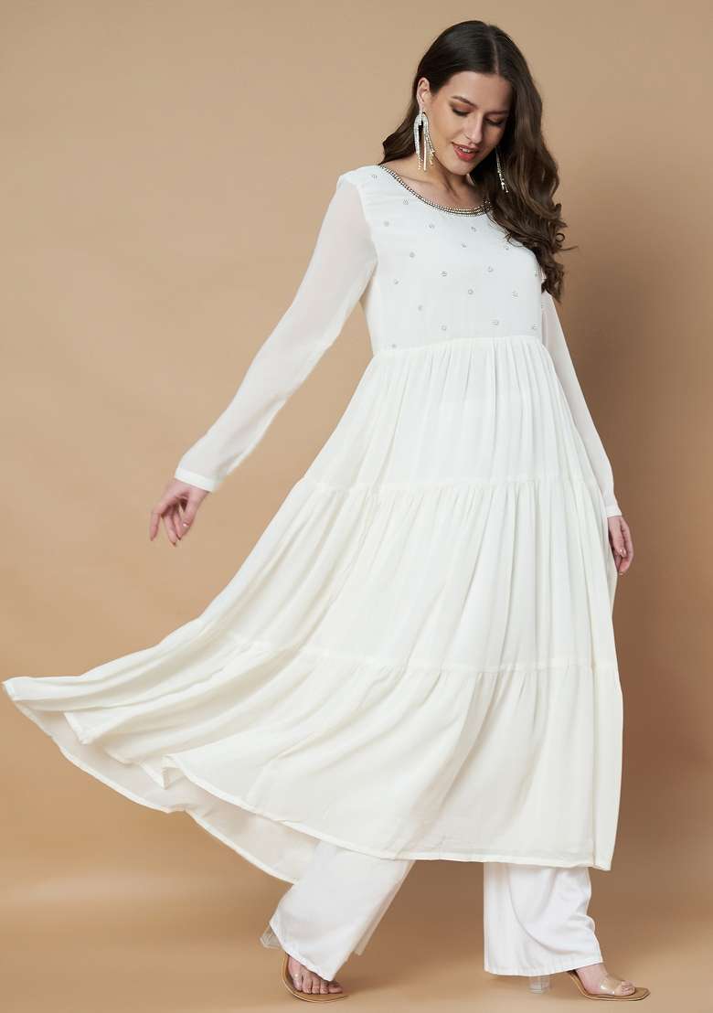 White Embroidered Georgette Anarkali - Indya