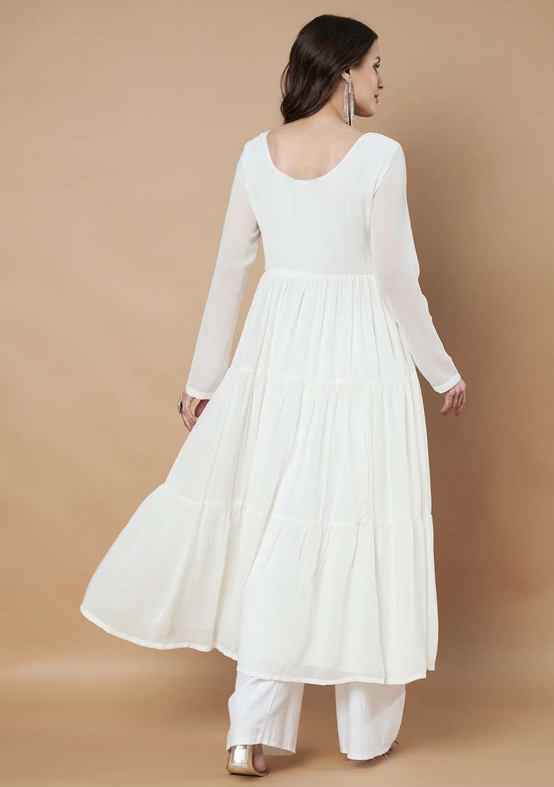 White Embroidered Georgette Anarkali - Indya