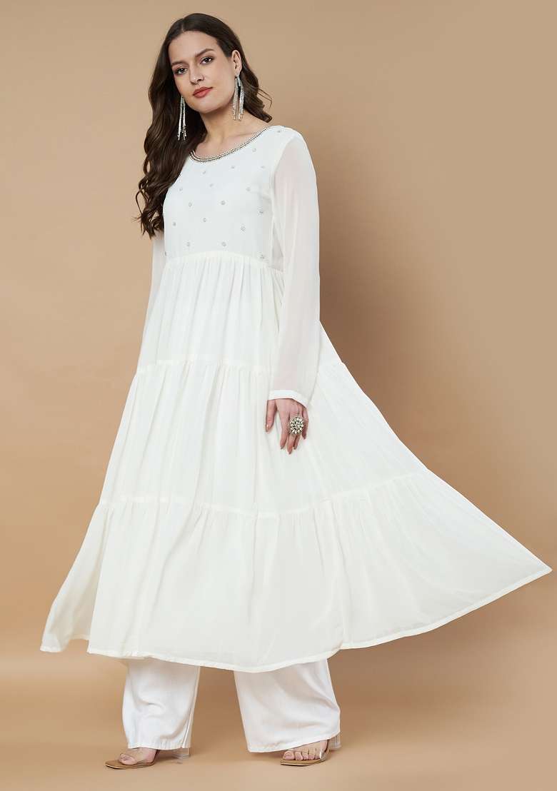 White Embroidered Georgette Anarkali - Indya