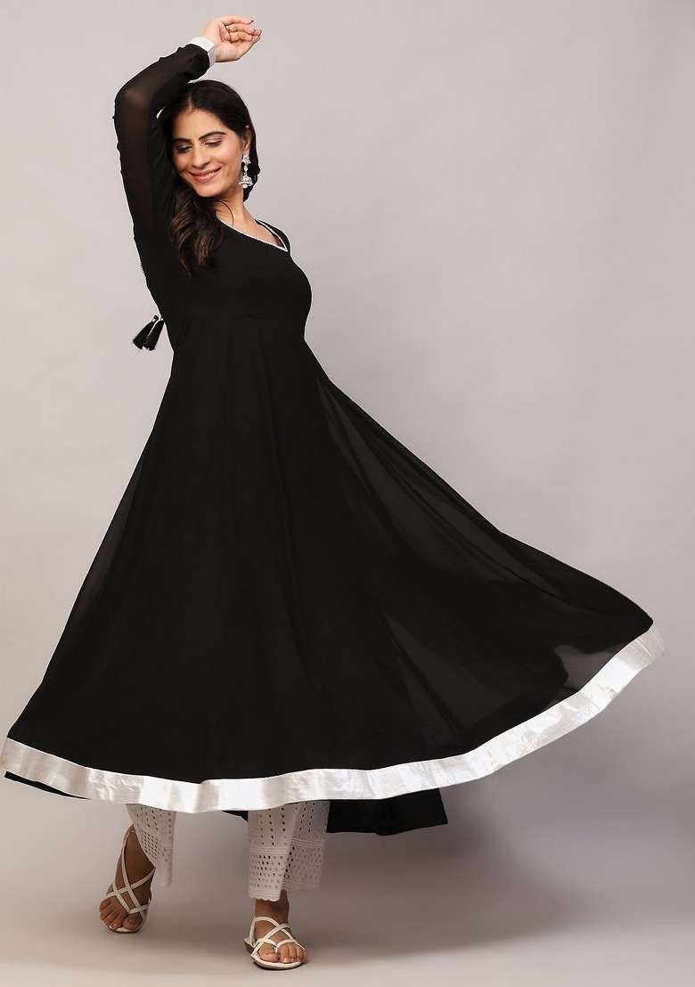 Black Solid Georgette Anarkali - Indya