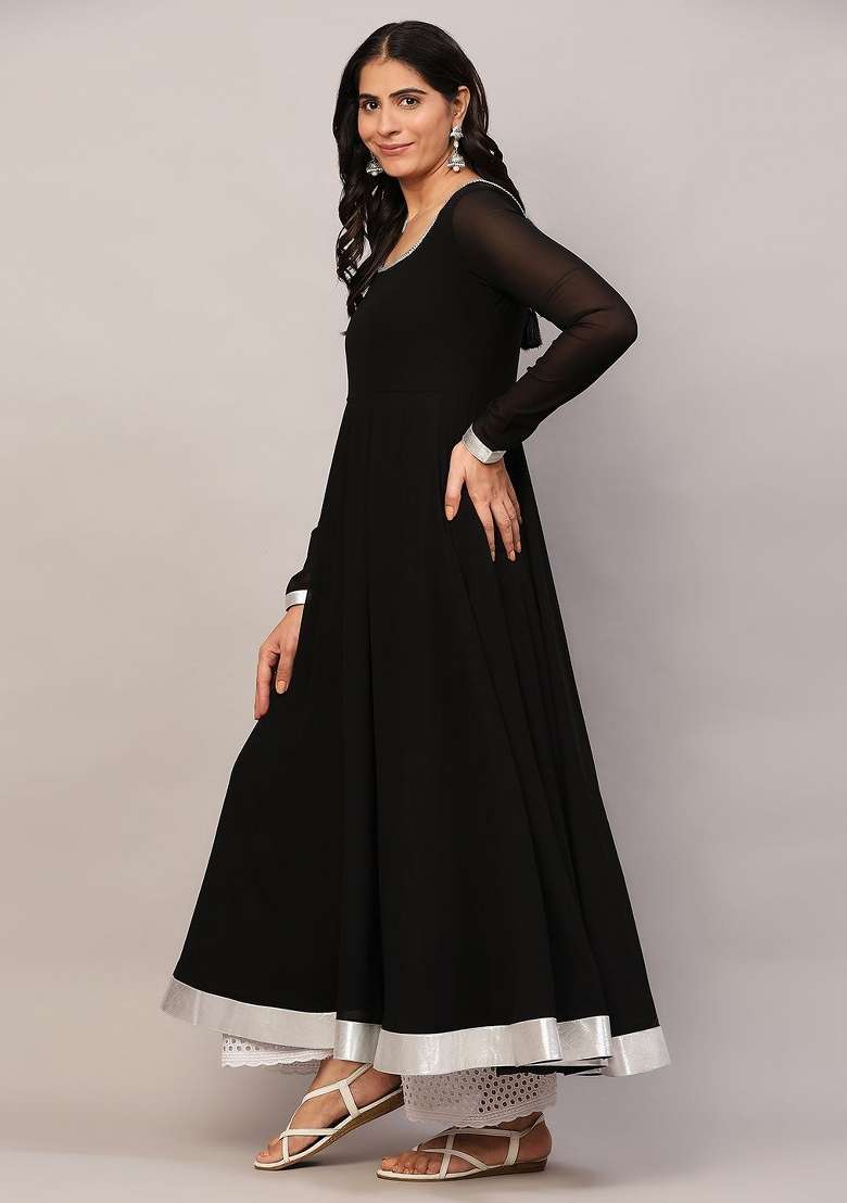 Black Solid Georgette Anarkali - Indya