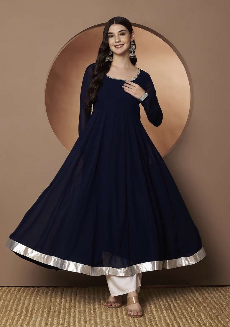 Blue Solid Georgette Anarkali - Indya