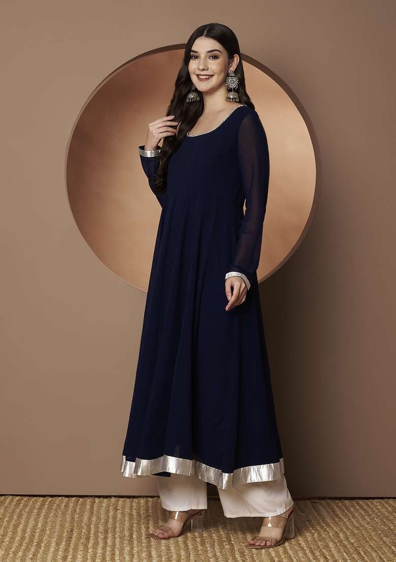 Blue Solid Georgette Anarkali - Indya