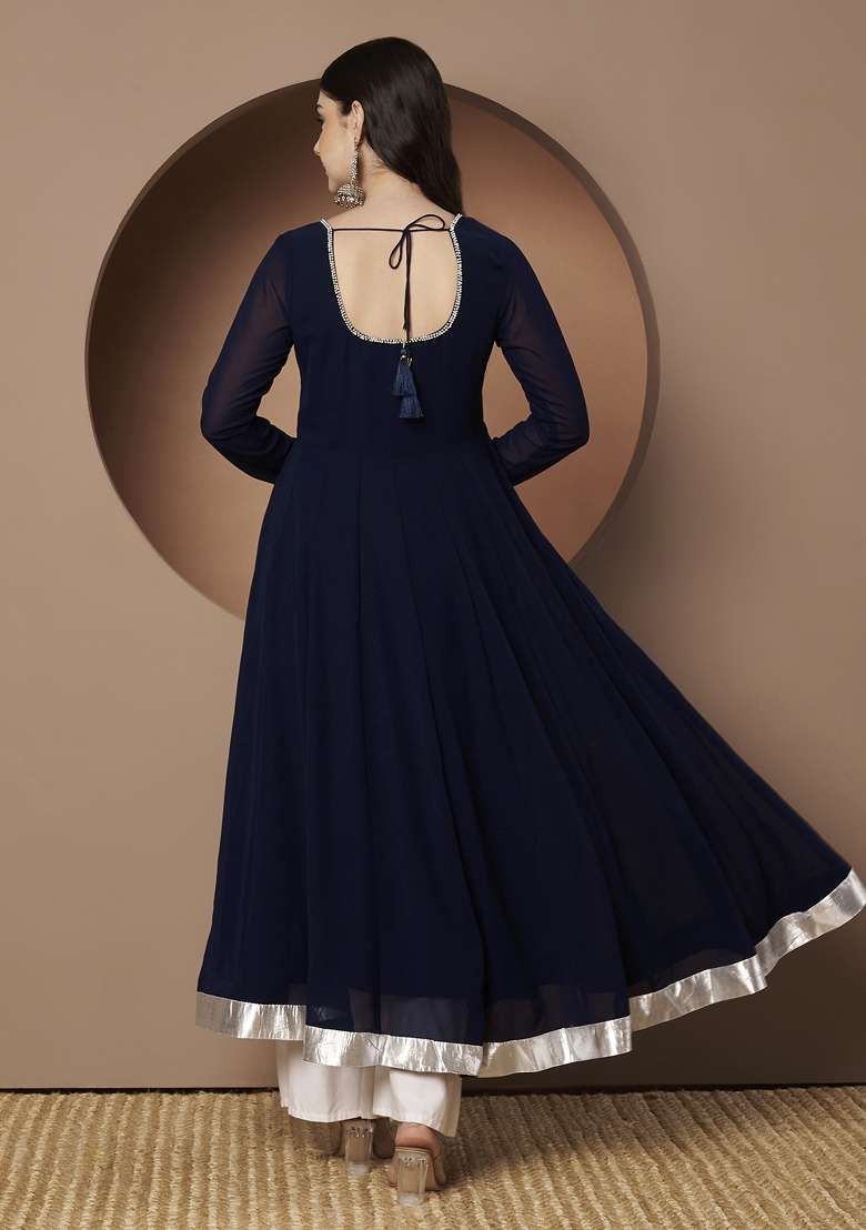 Blue Solid Georgette Anarkali - Indya