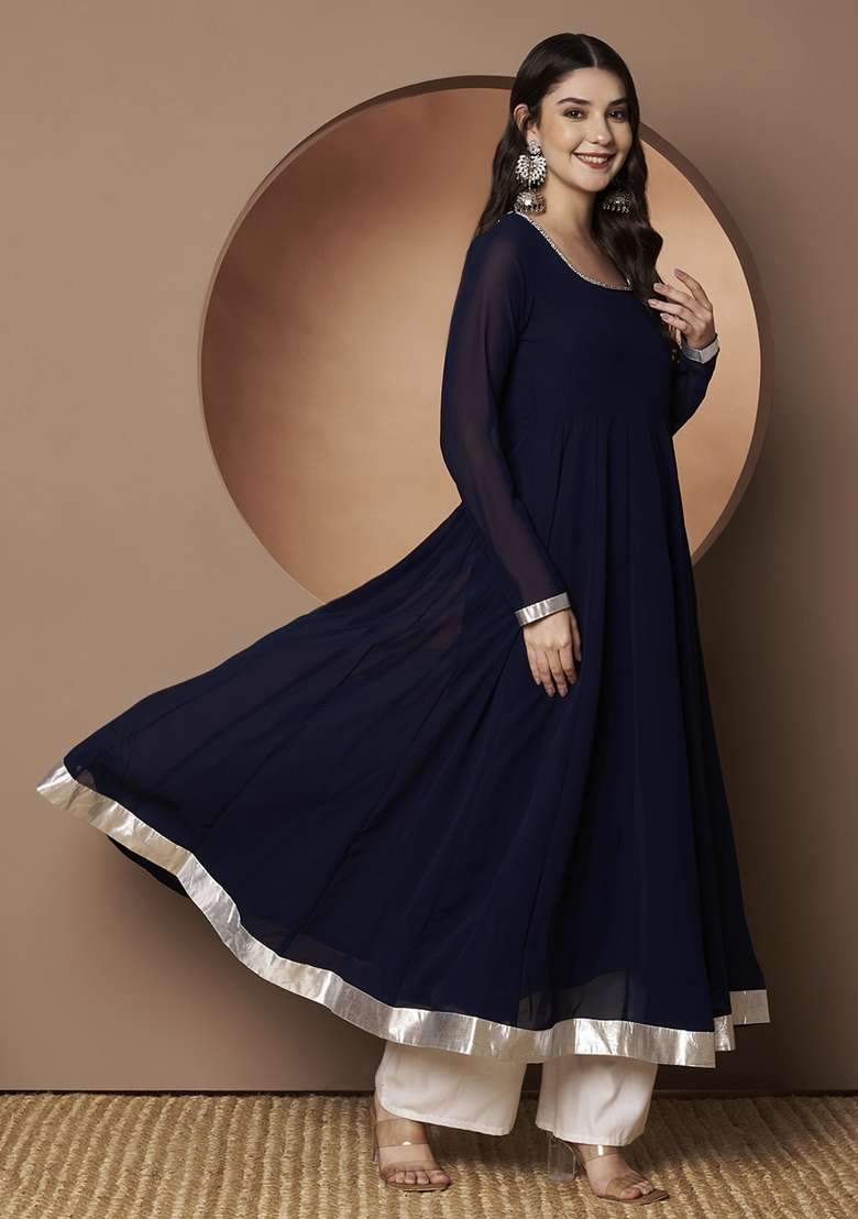 Blue Solid Georgette Anarkali - Indya