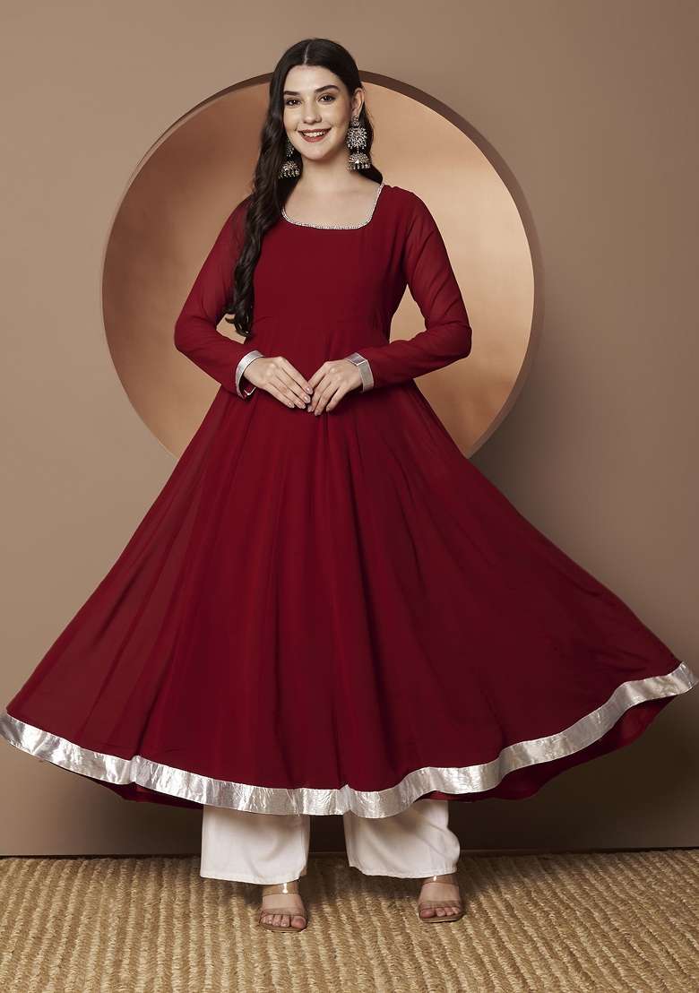 Maroon Solid Georgette Anarkali - Indya