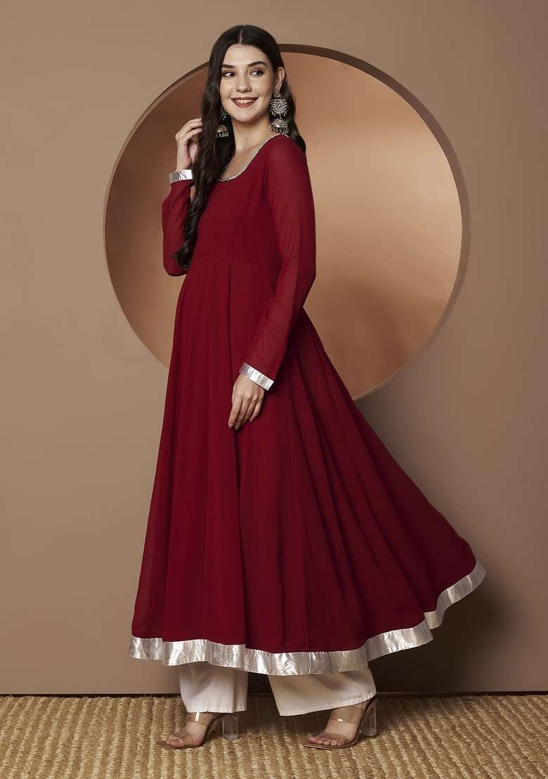 Maroon Solid Georgette Anarkali - Indya
