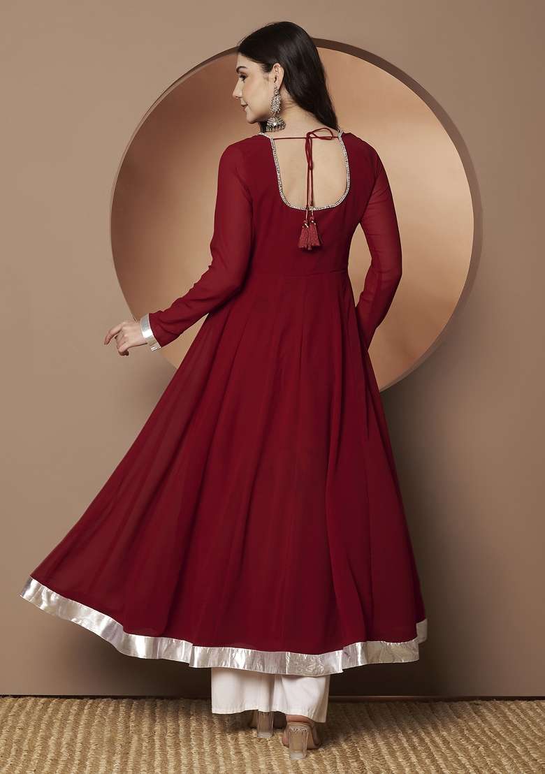 Maroon Solid Georgette Anarkali - Indya