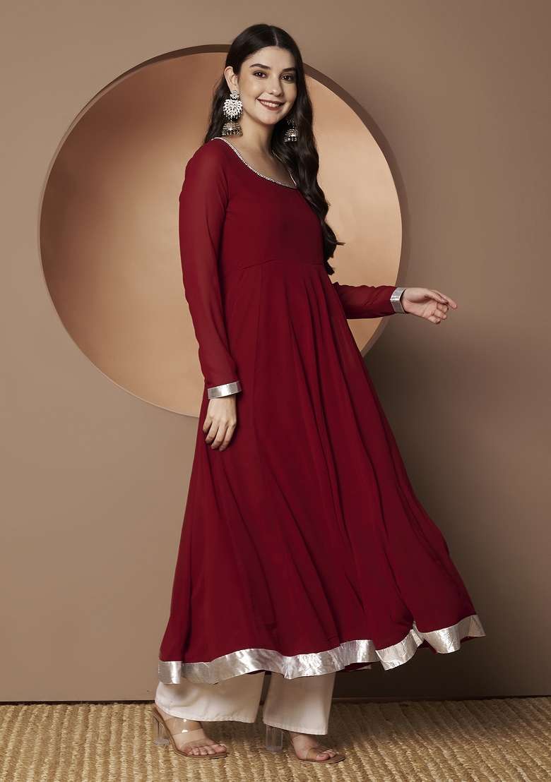 Maroon Solid Georgette Anarkali - Indya