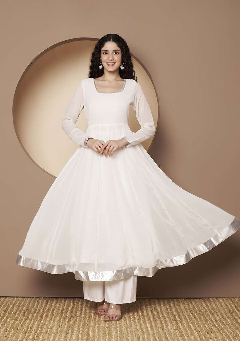 Off White Solid Georgette Anarkali - Indya