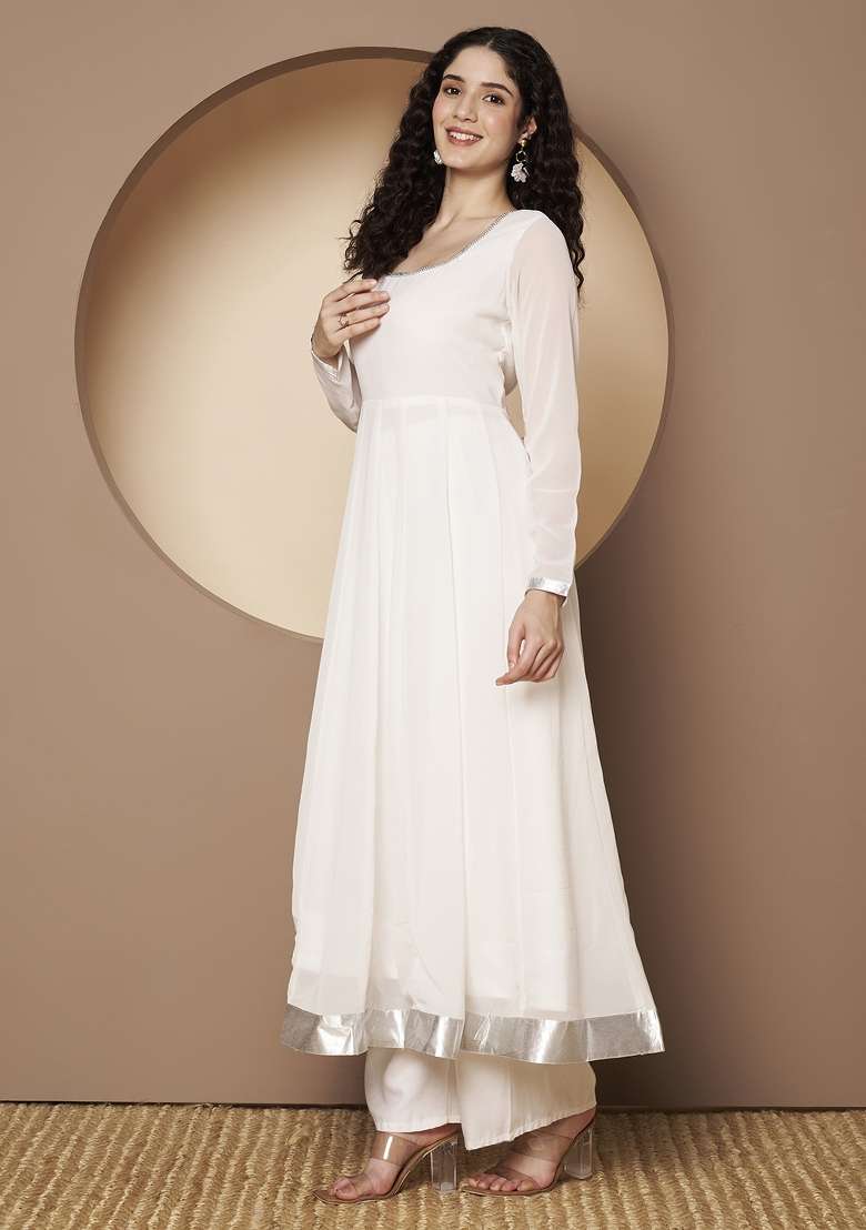 Off White Solid Georgette Anarkali - Indya
