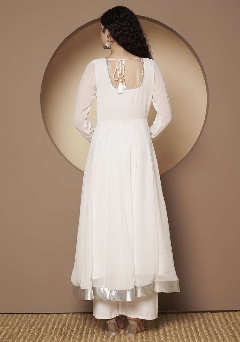 Off White Solid Georgette Anarkali - Indya