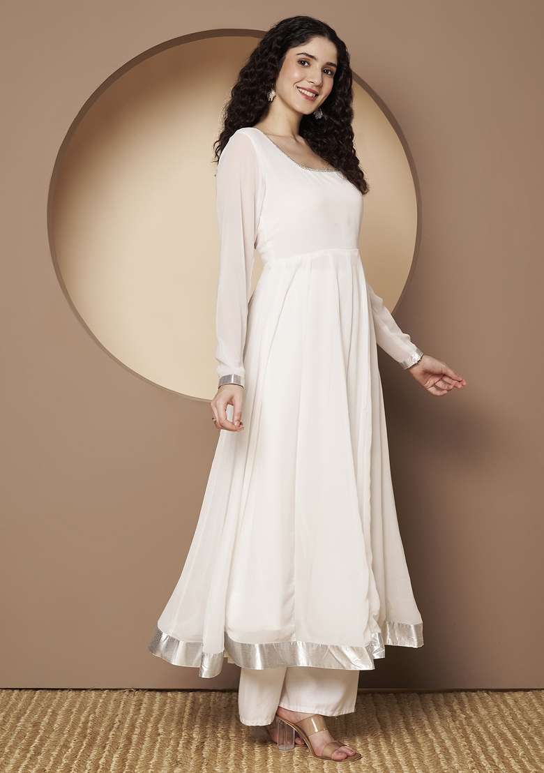 Off White Solid Georgette Anarkali - Indya