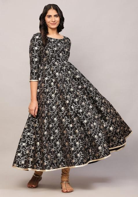 Black Printed Chanderi Silk Kurta