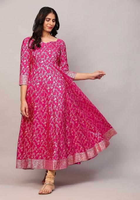 Pink Printed Chanderi Silk Kurta