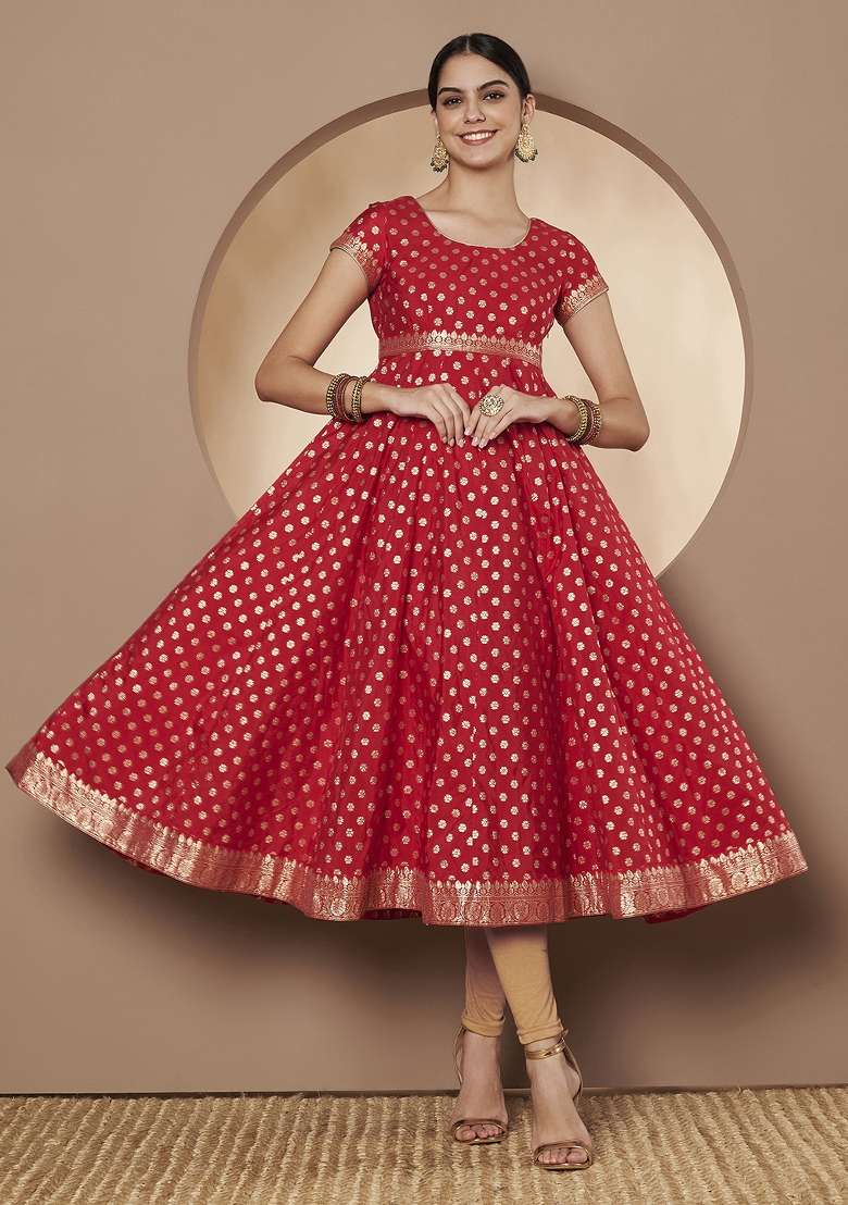 Red Printed Chanderi Silk Anarkali kurta - Indya